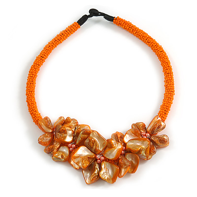 Stunning Glass Bead with Shell Floral Motif Necklace In Orange - 48cm Long - main view