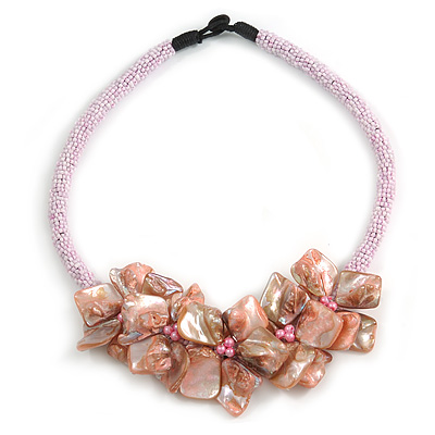Stunning Glass Bead with Shell Floral Motif Necklace In Light Pink - 48cm Long - main view