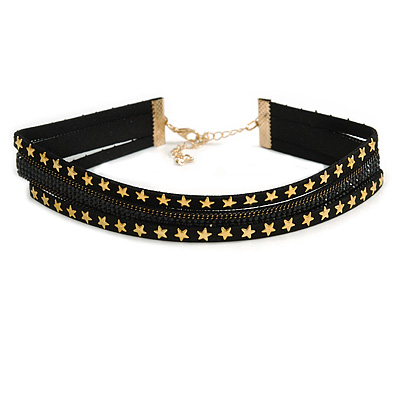 Black Glitter and Star Choker Necklace with Gold Tone Closure - 29cm L/ 6cm Ext - main view