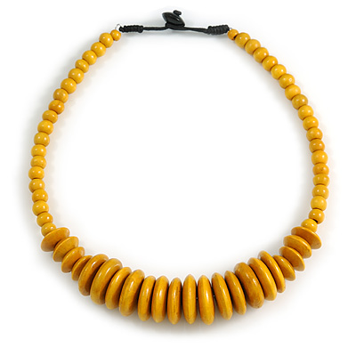 Dusty Yellow Button, Round Wood Bead Wire Necklace - 46cm L - main view