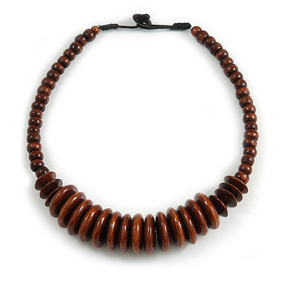 Brown Button, Round Wood Bead Wire Necklace - 46cm L - main view