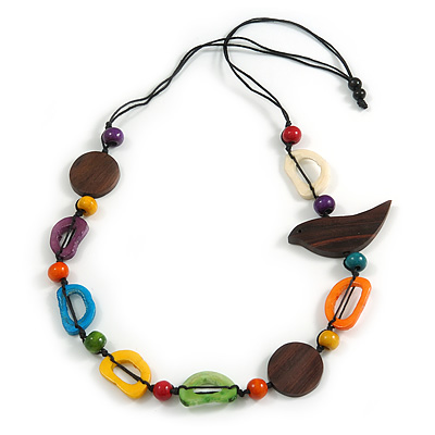 Multicoloured Bone and Wood Bead Black Cord Necklace - 80cm Long - Adjustable - main view
