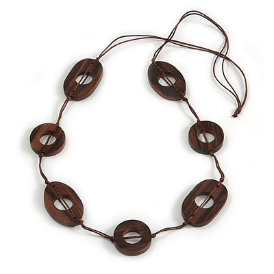 Long Geometric Wooden Bead Cotton Cord Necklace in Brown - 80cm Long - main view