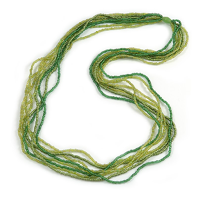 Long Multistrand Glass Bead Necklace In Shades of Green - 86cm L - main view
