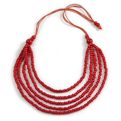 Red Multistrand Layered Wood Bead with Cotton Cord Necklace - 90cm Max length- Adjustable - main view