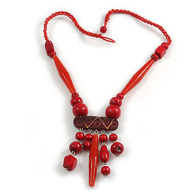 Tribal Wood/ Ceramic Bead Cotton Cord Necklace in Cherry Red/ Brown - 60cm Long/ 10cm Long Front Drop - main view
