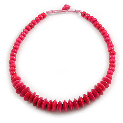 Deep Pink Button, Round Wood Bead Wire Necklace - 46cm L - main view