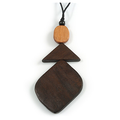 Brown Geometric Wood Pendant with Black Waxed Cotton Cord - 86cm Long/ 12cm Pendant