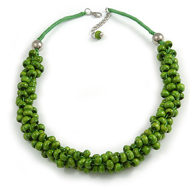 Lime Green Cluster Wood Bead Cotton Cord Necklace - 52cm L/ 4cm Ext - main view