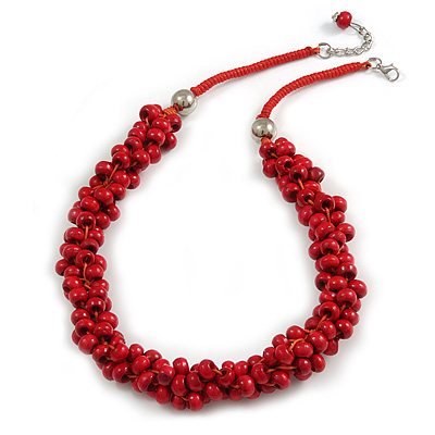 Cherry Red Cluster Wood Bead Cotton Cord Necklace - 52cm L/ 4cm Ext - main view