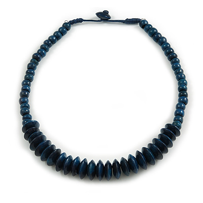 Dark Blue Button, Round Wood Bead Wire Necklace - 46cm L - main view
