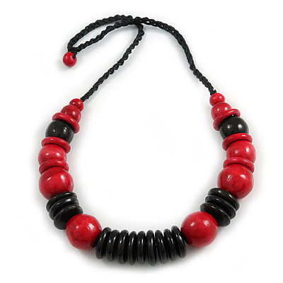 Statement Chunky Red/ Black Wood Bead with Black Cotton Cord Necklace - 60cm L - main view