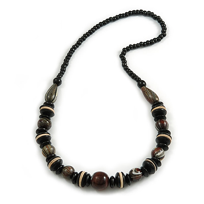Black/ Brown Wood Bead Necklace - 66cm Long - main view