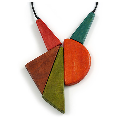 Red/ Brown/ Olive/ Orange Geometric Wood Pendant with Black Waxed Cotton Cord - 80cm Long/ 14cm Pendant