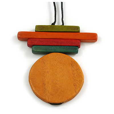 Multicoloured Multi Bar and Disk Geometric Wood Pendant with Black Cotton Cord - 80cm Long Adjustable - main view