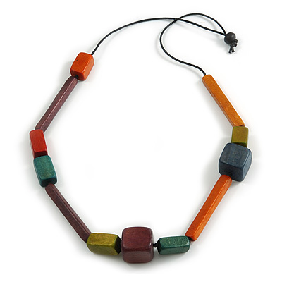 Multicoloured Geometric Wooden Bead Necklace with Black Cotton Cord - 80cm Long Adjustable - main view