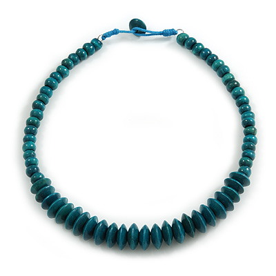 Teal Button, Round Wood Bead Wire Necklace - 46cm L