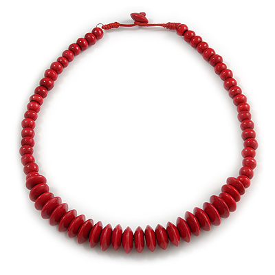 Cherry Red Button, Round Wood Bead Wire Necklace - 46cm L - main view