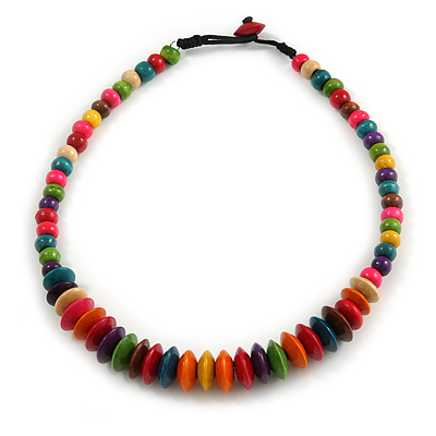 Multicoloured Button, Round Wood Bead Wire Necklace - 46cm L - main view