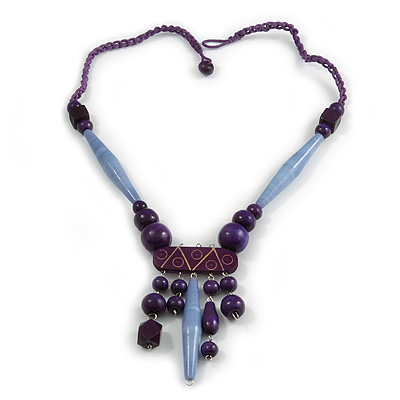 Tribal Wood/ Ceramic Bead Cotton Cord Necklace in Purple - 60cm Long/ 10cm Long Front Drop