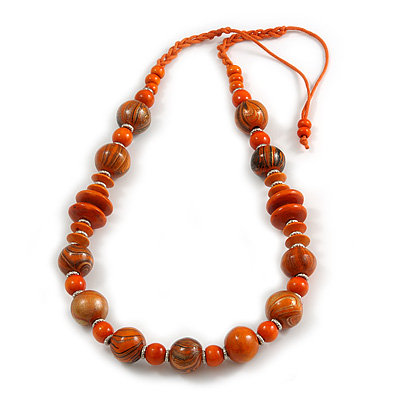Orange/ Black Wood Bead Cotton Cord Necklace - 80cm Max Length - Adjustable - main view