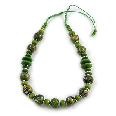 Lime Green Wood Bead Grass Green Cotton Cord Necklace - 80cm Max Length - Adjustable - main view