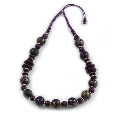 Deep Purple  Wood Bead Cotton Cord Necklace - 80cm Max Length - Adjustable - main view