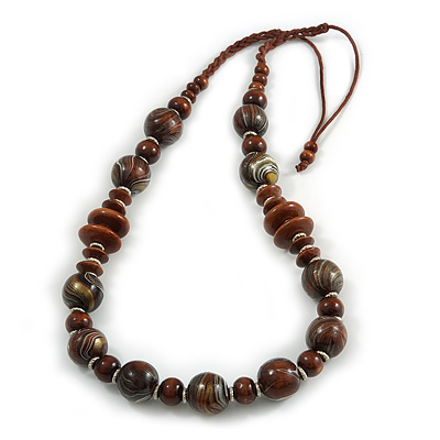 Brown/ Black Wood Bead Cotton Cord Necklace - 80cm Max Length - Adjustable - main view