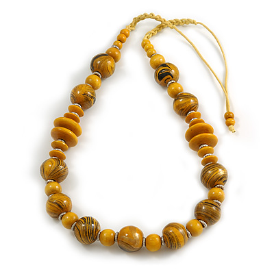 Yellow/ Black Wood Bead Cotton Cord Necklace - 80cm Max Length - Adjustable - main view
