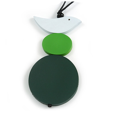 Dark Green/ Grass Green/ White Wood Bird and Bead Pendant with Black Cotton Cord - Adjustable - 84cm Long/ 11cm Pendant - main view