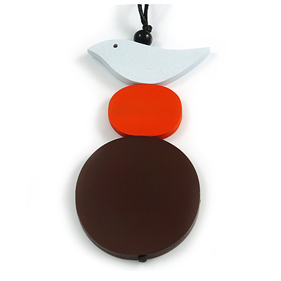 Brown/ Orange/ White Wood Bird and Bead Pendant with Black Cotton Cord - Adjustable - 84cm Long/ 11cm Pendant - main view