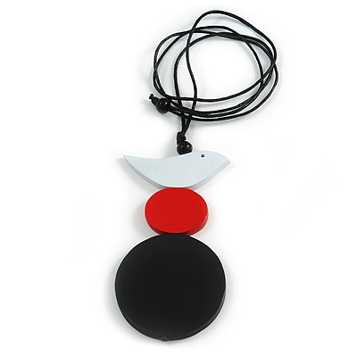 Black/ Red/ White Wood Bird and Bead Pendant with Black Cotton Cord - Adjustable - 84cm Long/ 11cm Pendant - main view