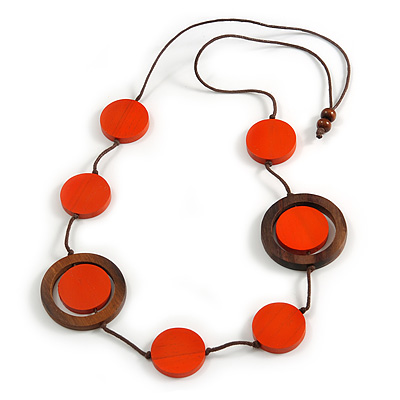 Long Orange/ Brown Round Bead Cotton Cord Necklace - 86cm Long - Adjustable - main view