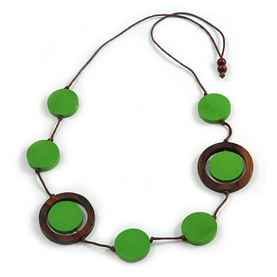 Long Green/ Brown Round Bead Cotton Cord Necklace - 86cm Long - Adjustable - main view