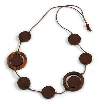 Long Brown Round Bead Cotton Cord Necklace - 86cm Long - Adjustable