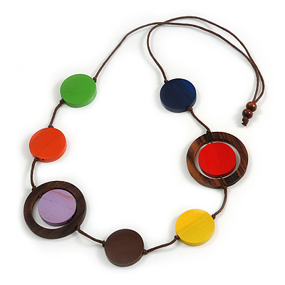 Multicoloured Coin Wood Bead Cotton Cord Necklace - 88cm Long - Adjustable - main view
