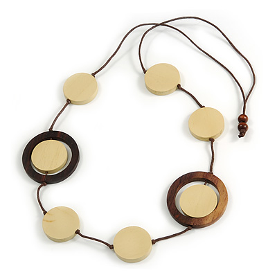 Light Cream/ Brown Coin Wood Bead Cotton Cord Necklace - 88cm Long - Adjustable - main view