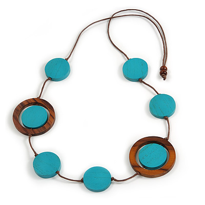 Turquoise Blue/ Brown Coin Wood Bead Cotton Cord Necklace - 88cm Long - Adjustable - main view