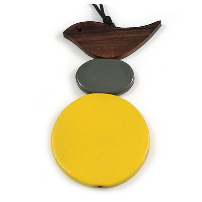 Yellow/ Brown/ Grey Wood Bird and Bead Pendant with Black Cotton Cord - Adjustable - 80cm Long/ 11cm Pendant