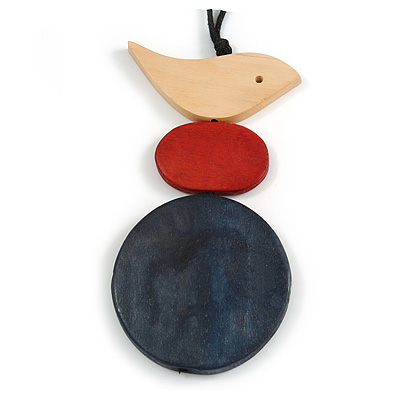 Natural/ Red/ Dark Blue Wood Bird and Bead Pendant with Black Cotton Cord - Adjustable - 80cm Long/ 11cm Pendant - main view