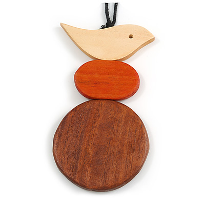 Natural/ Brown/ Orange Wood Bird and Bead Pendant with Black Cotton Cord - Adjustable - 80cm Long/ 11cm Pendant - main view