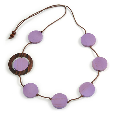 Lilac/ Brown Coin Wood Bead Cotton Cord Necklace - 80cm Long - Adjustable - main view