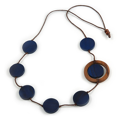 Dark Blue/ Brown Coin Wood Bead Cotton Cord Necklace - 80cm Long - Adjustable