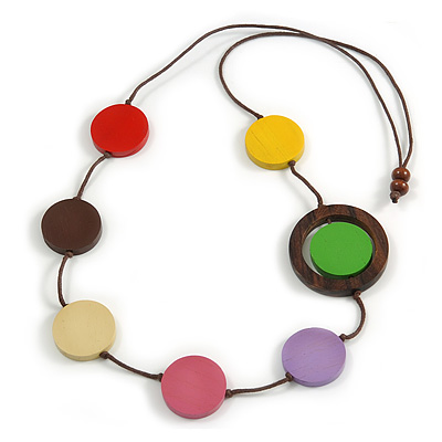 Multicoloured Coin Wood Bead Cotton Cord Necklace - 80cm Long - Adjustable - main view