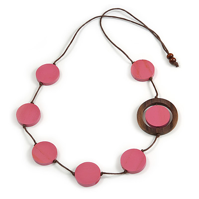 Pink/ Brown Coin Wood Bead Cotton Cord Necklace - 80cm Long - Adjustable