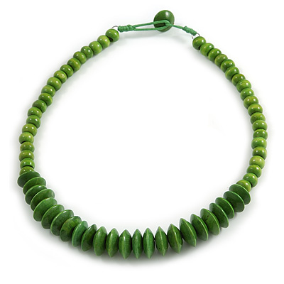 Lime Green Button, Round Wood Bead Wire Necklace - 46cm L