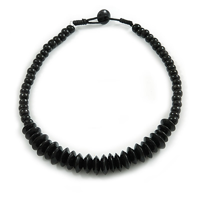 Black Button, Round Wood Bead Wire Necklace - 46cm L