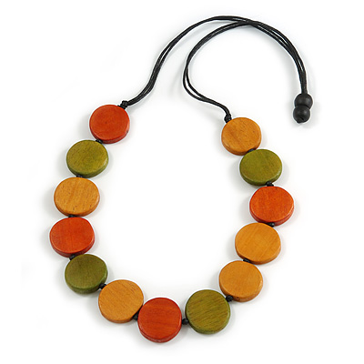 Worn Effect Orange/ Olive/ Light Brown Wood Button Bead Necklace with Black Cotton Cord - 74cm Long Adjustable - main view