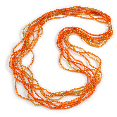 Long Multistrand Glass Bead Necklace In Shades of Orange/ Yellow - 86cm L - main view
