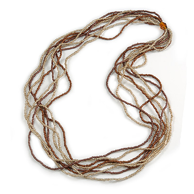 Long Multistrand Glass Bead Necklace In Shades of Beige/ Brown - 86cm L - main view